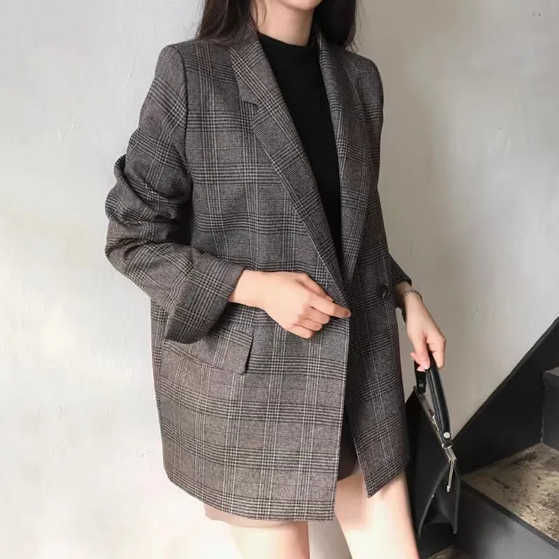Lemongor Donna Elegante Plaid Doppio Petto Blazer Allentato Maniche Lunghe Casual Ufficio Lavoro Giacca Formale Capispalla 2026