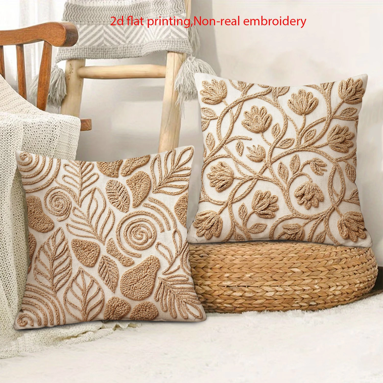 2pcs Boho Chic Throw Pillow Covers with Rustic Leaf Floral 2D Flat Printed Design for Home Decor