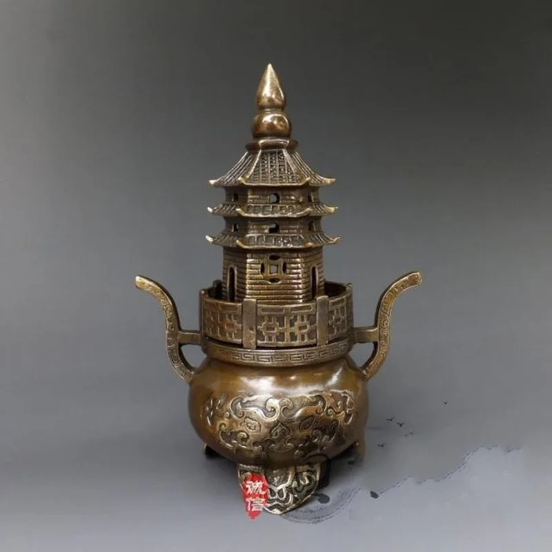 Pure copper ornament, tower-shaped burner for sandalwood incense, home feng shui decoration, antique coll