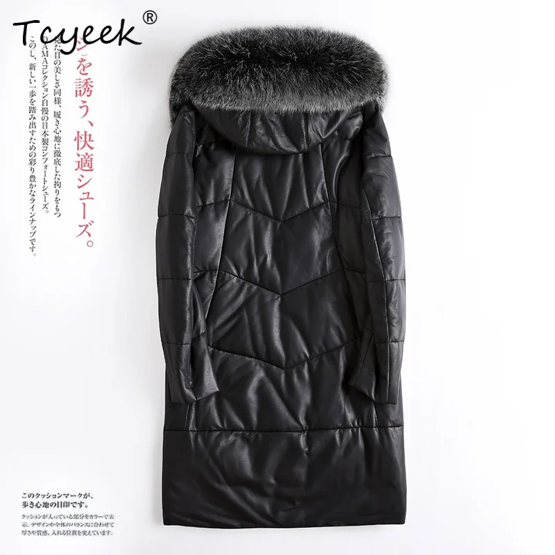 Tcyeek Real Sheepskin Autumn Winter Fox Fur Collar Detachable Hat Black Medium Length Women's White Duck Down Coat Veste Femme
