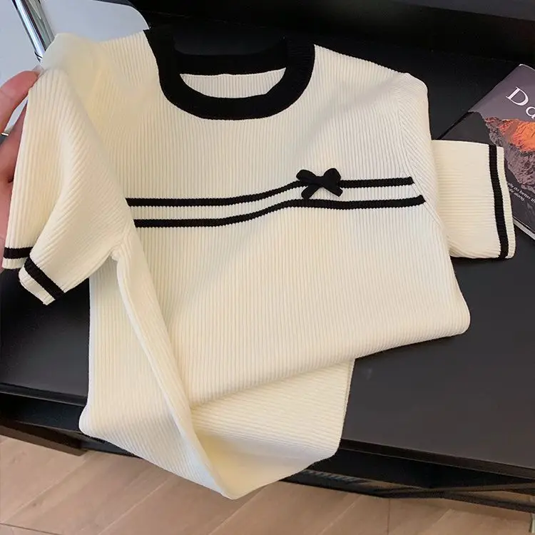 Contrasting Color Bow Icing Silk Short-sleeved T-shirt for Women in Summer Small Front Shoulders Slim Top Trendy