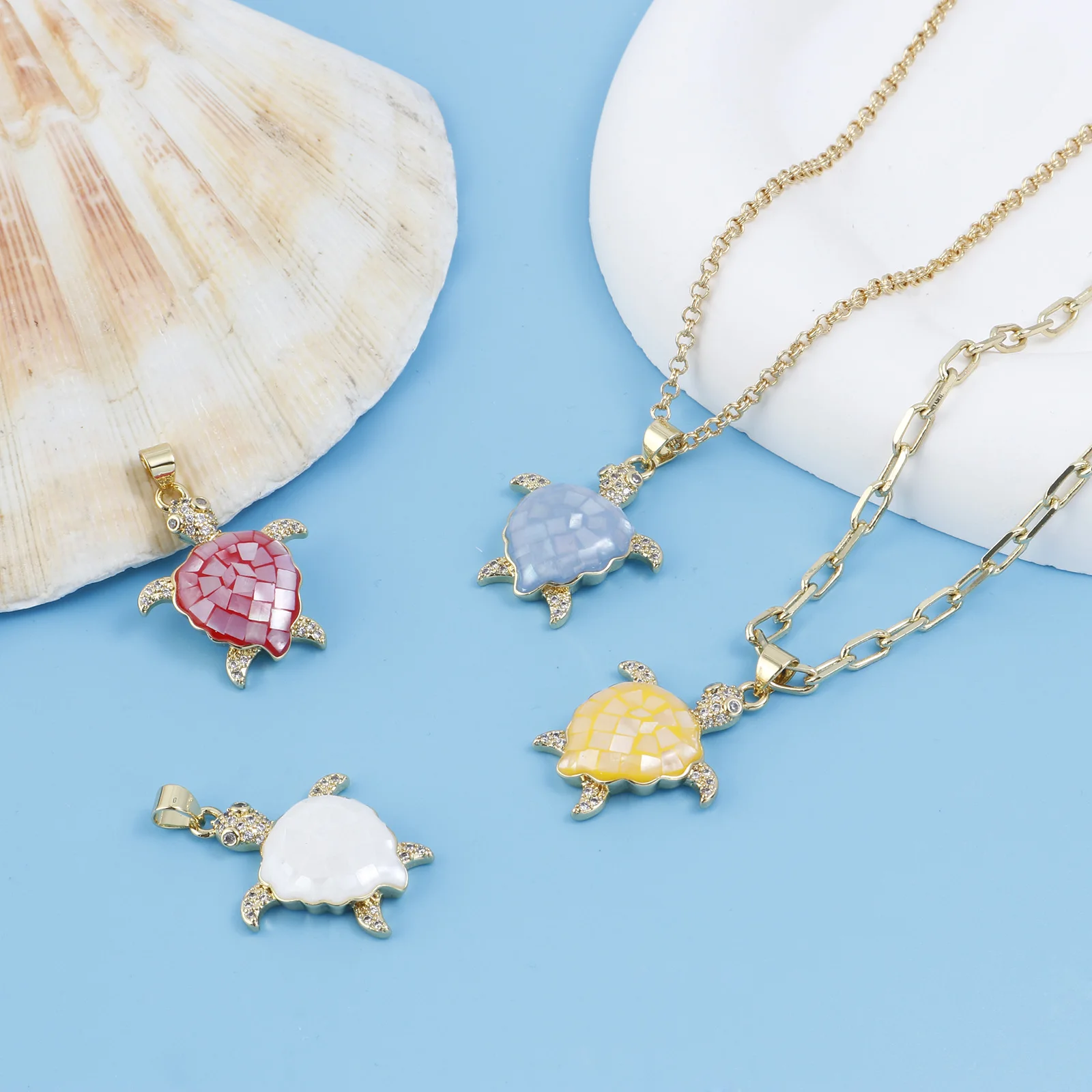 1 PC Shell & Copper Ocean Jewelry Charms Gold Color Multicolor Sea Turtle Animal Pendants Clear Cubic Zirconia 3.1cm x 2.1cm