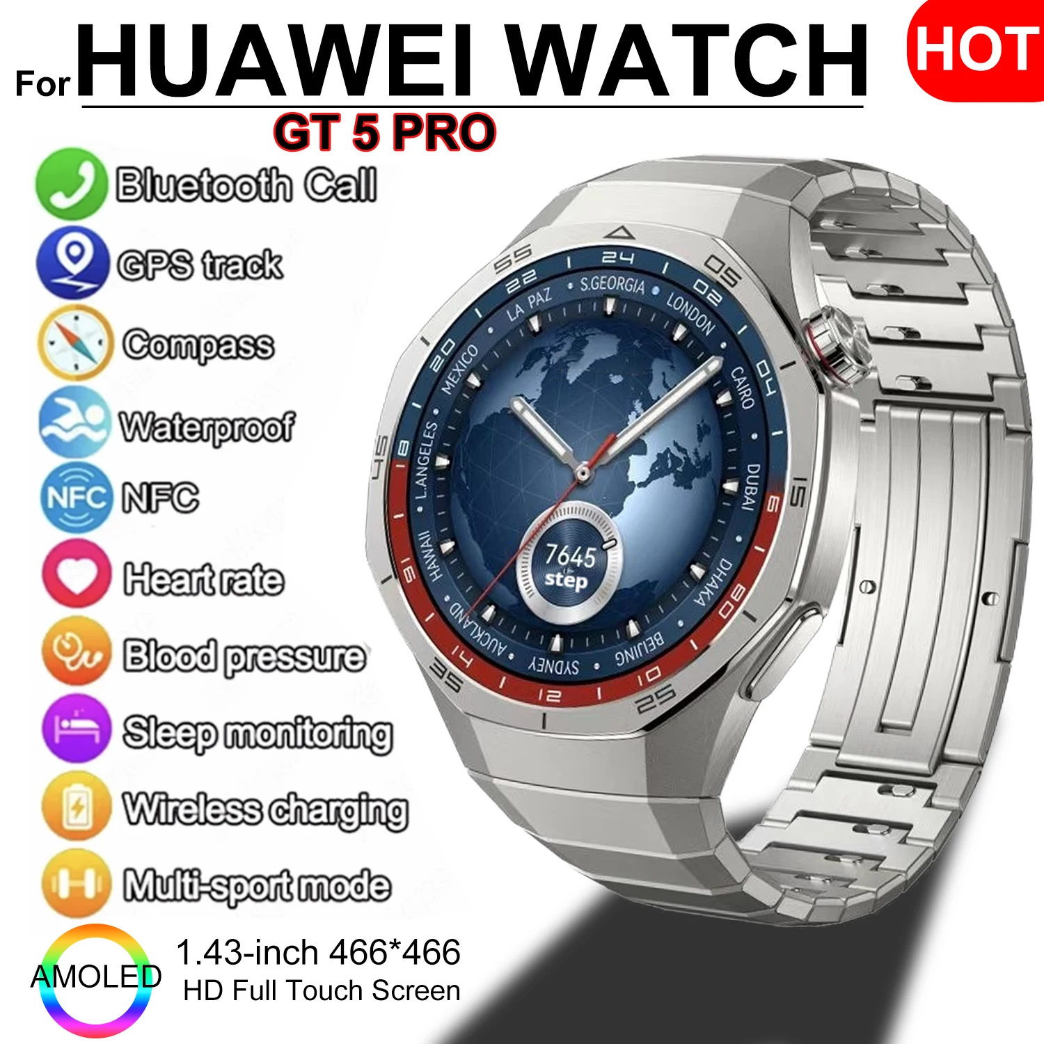 GT 5 Pro For Huawei New Smart Watch Men's Women 466*466 HD Big Screen 24h Heart rate Monitoring NFC GPS 400mAh Sports Smartwatch