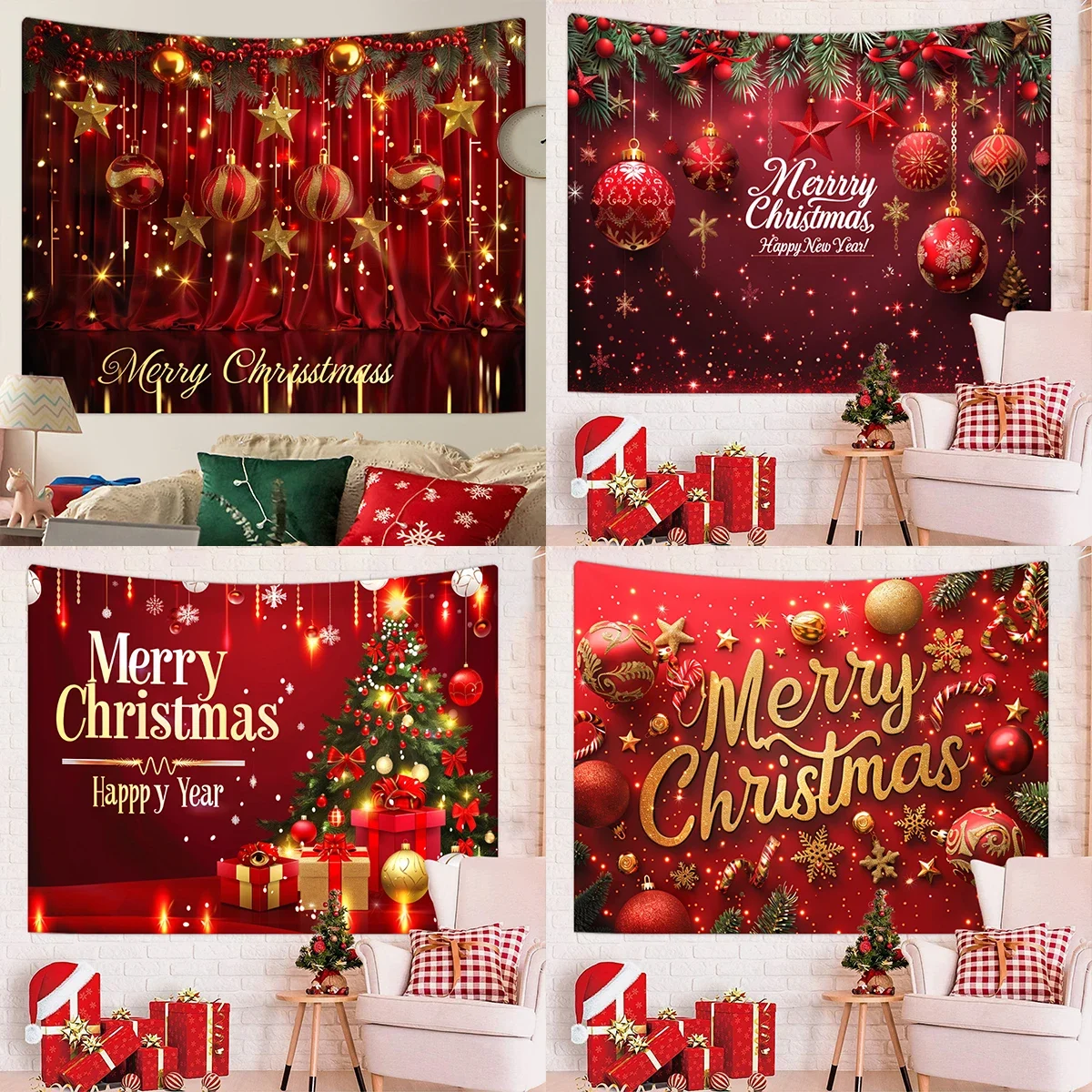 1pc Merry Christmas Tapestry Happy New Year Blessings Poster Decoration Background Wall Hanging Tapestry Horizontal Length