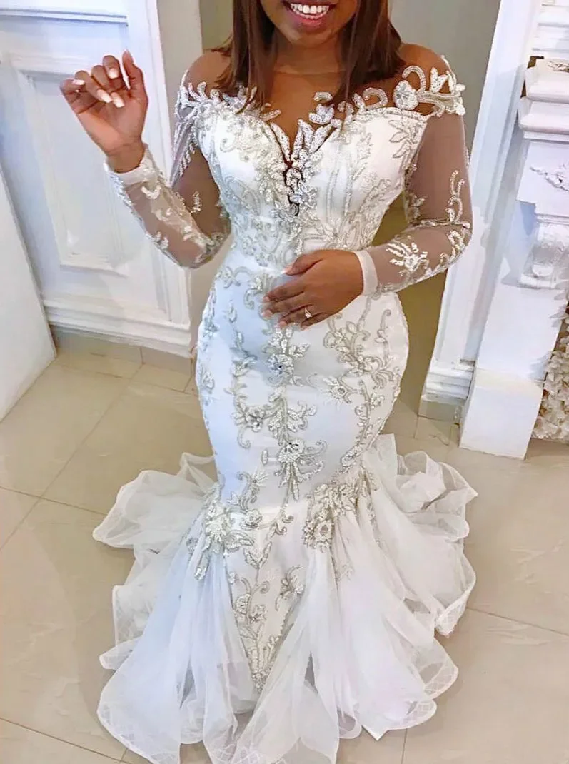 New Plus Size Arabian Aso Ebi Luxury Lace Applique Bridal Dress Transparent Collar Wedding Mermaid wedding Dress Customized 2025