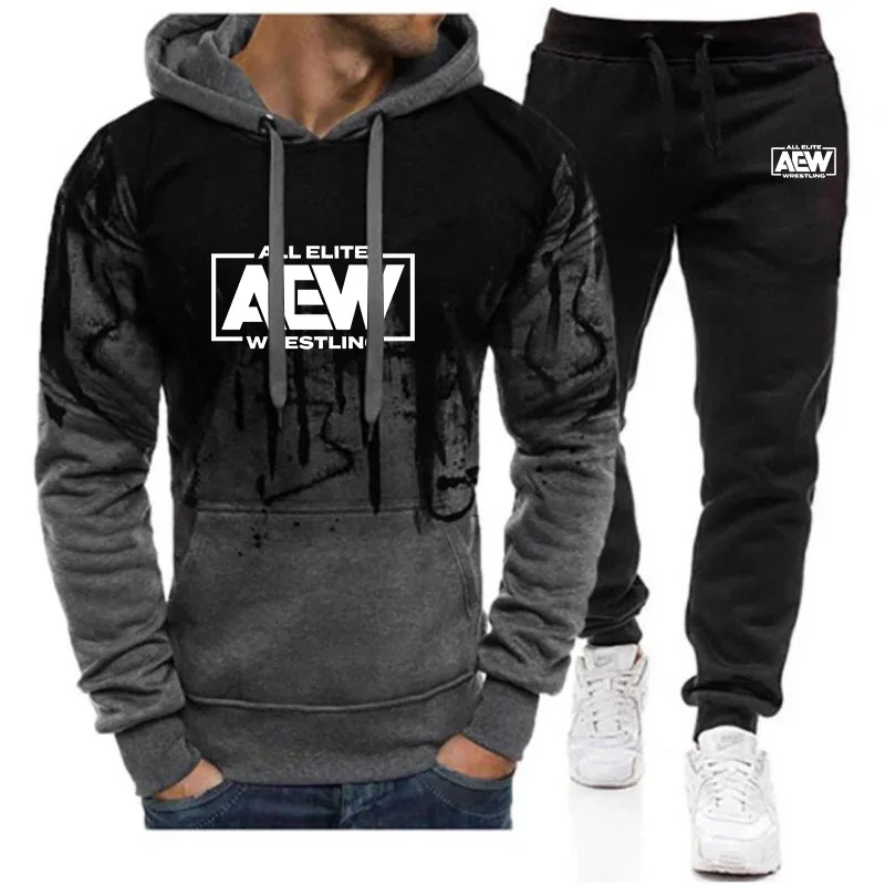 

Новинка 2024, мужской свитер с градиентом AEW Wrestling AEW, топы с капюшоном + брюки, спортивный костюм из двух предметов, повседневные спортивные штаны