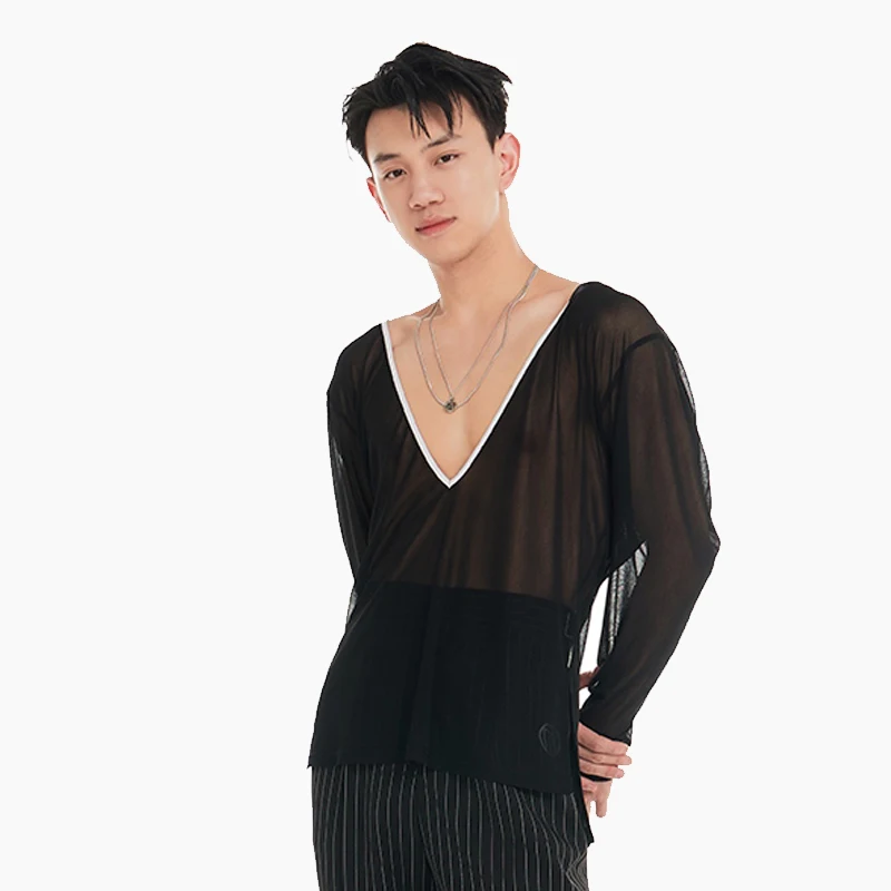

New Latin Dance Tops For Male Long Sleeved V-Neck Mesh Top Latin Dance Costume Professional Clothing Practice Outfits DN20563