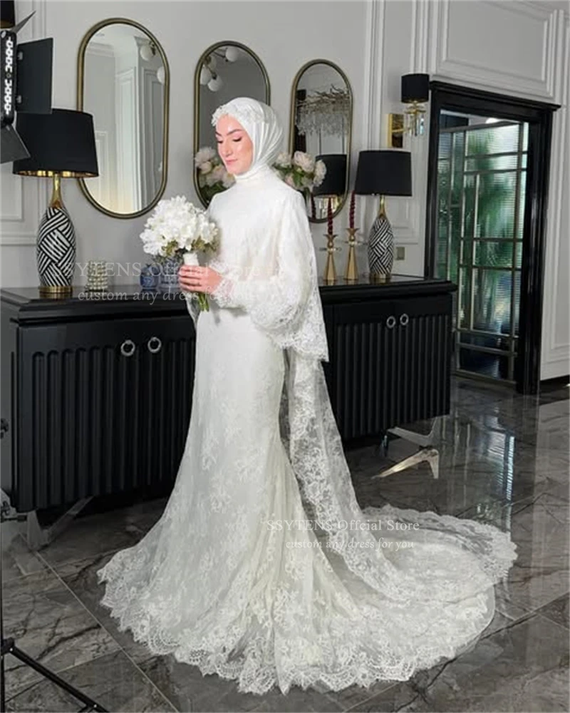SSYTENS Customized Modest Wedding Dresses High Neck Lace Nikkah Formal Bride Dresses Long Muslim Bridal Gowns robe de mariée