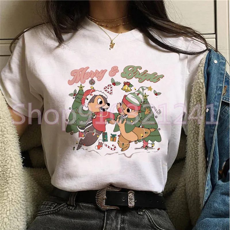 

Chip and Dale Lovely 90s Trend Merry Christmas Women Holiday Shirt Clothing Fashion New Year T-shirts Print T Top Graphic Tee