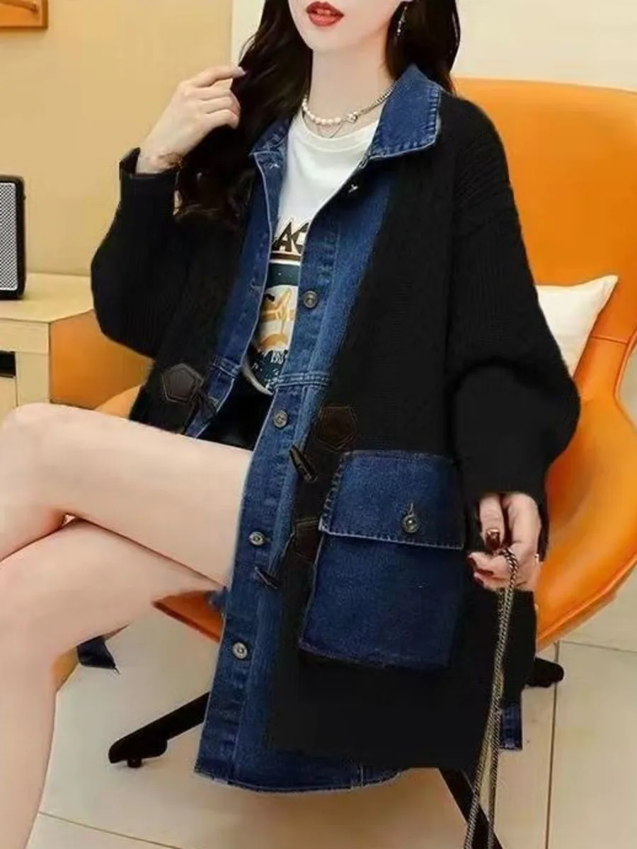 Spring And Autumn Denim Patchwork Loose Fitting Two Piece Cardigan For Women\'s Retro Lazy Style Top Medium Length Sweater Trend