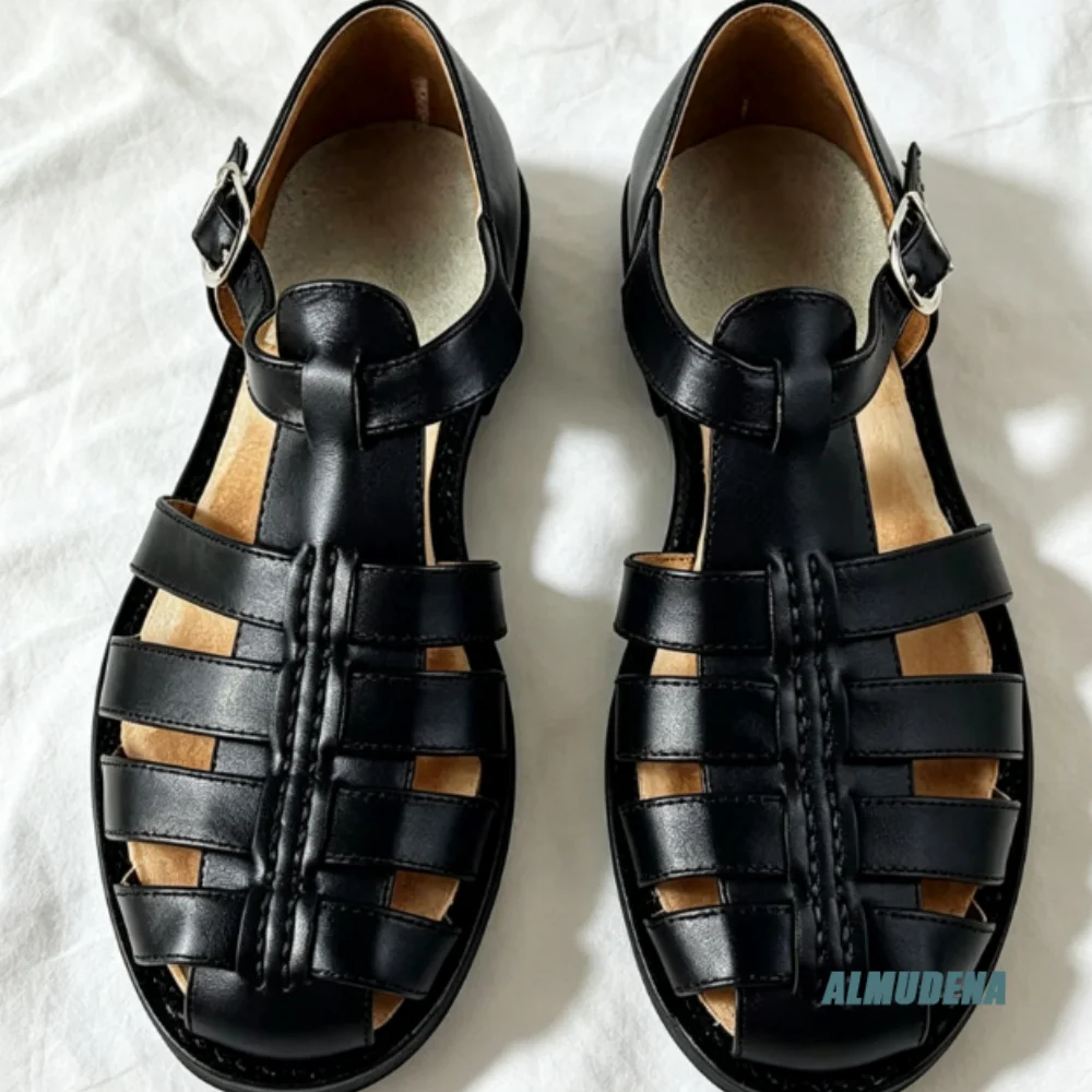 Flat Thin Sole Men Closed Toe Sandals Solid Black Leather Strap Metal Buckle Outdoor Summer Versatile Retro Casual Daily Shoes