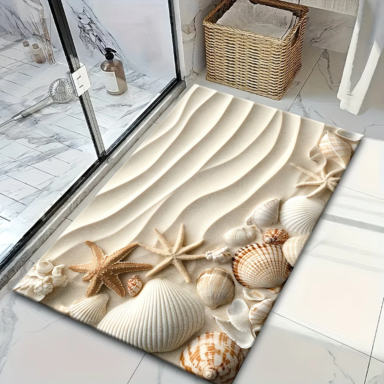 Aesthetic 3D Sand Ripple Shells Welcome Mat Non-Slip Sea Starfish Entryway Rug - Coastal Beach House Decorative Indoor Floor Mat