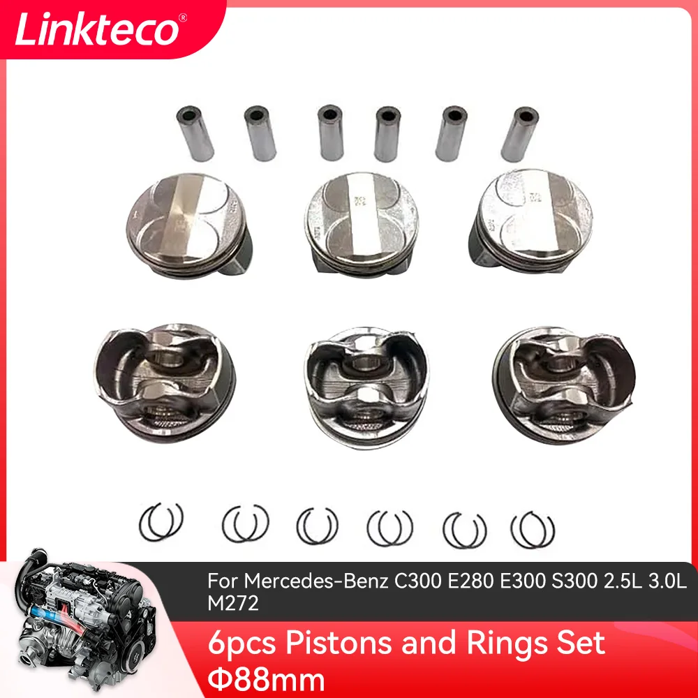 6pcs Pistons and Rings Set Φ88mm For Mercedes-Benz C300 E280 E300 S300 2.5L 3.0L M272