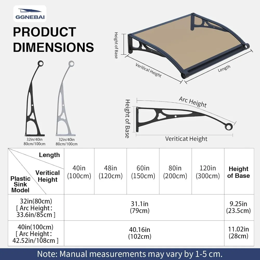 40x60 Inch Awnings for Doors with Drainage Sink, Window Canopy Exterior with Aluminum Alloy Bracket, Solid