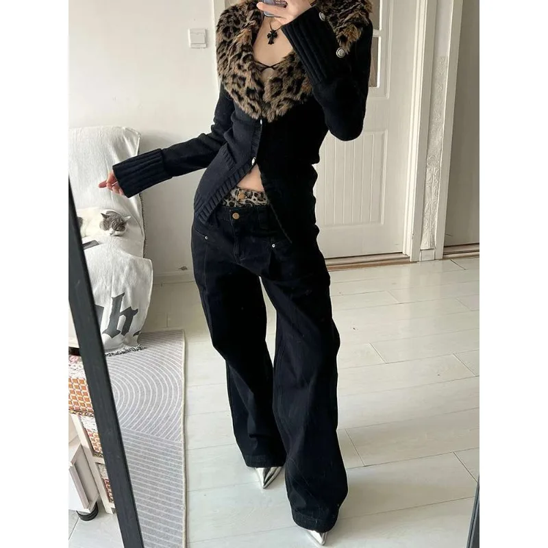 American Retro Y2K Sweater Black Removable Leopard Print Fur Collar Design Hot Girl Slim Knitted Sweater Women