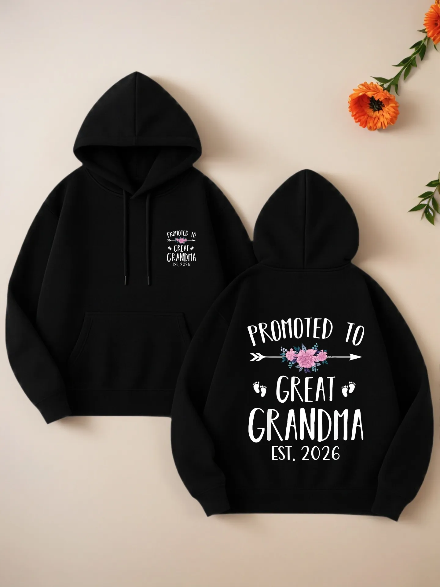 Grafik-Kapuzenpullover für Damen, „Promoted to Great Grandma“-Druck, lässiges ästhetisches Blumenmuster, Fleece, lässige Alltagskleidung, für Damen