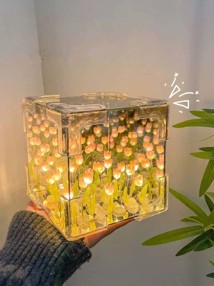 Tulipa Flor Cube Night Light, Criativo DIY Materiais, Quarto Dormir Abajur, Artesanato Artesanal