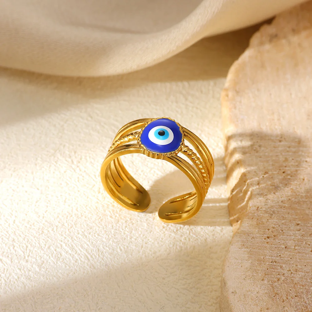 New Stacking Rings Evil Eye Hamsa Hand Rings for Women Gold Color Enamel Open Adjustable Ring Stainless Steel Non Fading Jewelry