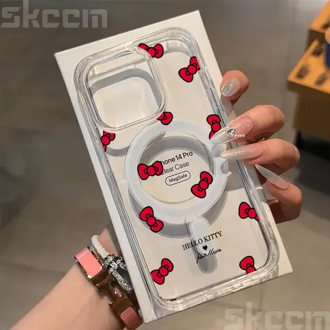 Hello Kitty BowKnot For Magsafe Wireless Charger Case For iPhone 17 16 15 14 Pro Max 11 12 13 17 Air 16E Clear Hard Phone Cover