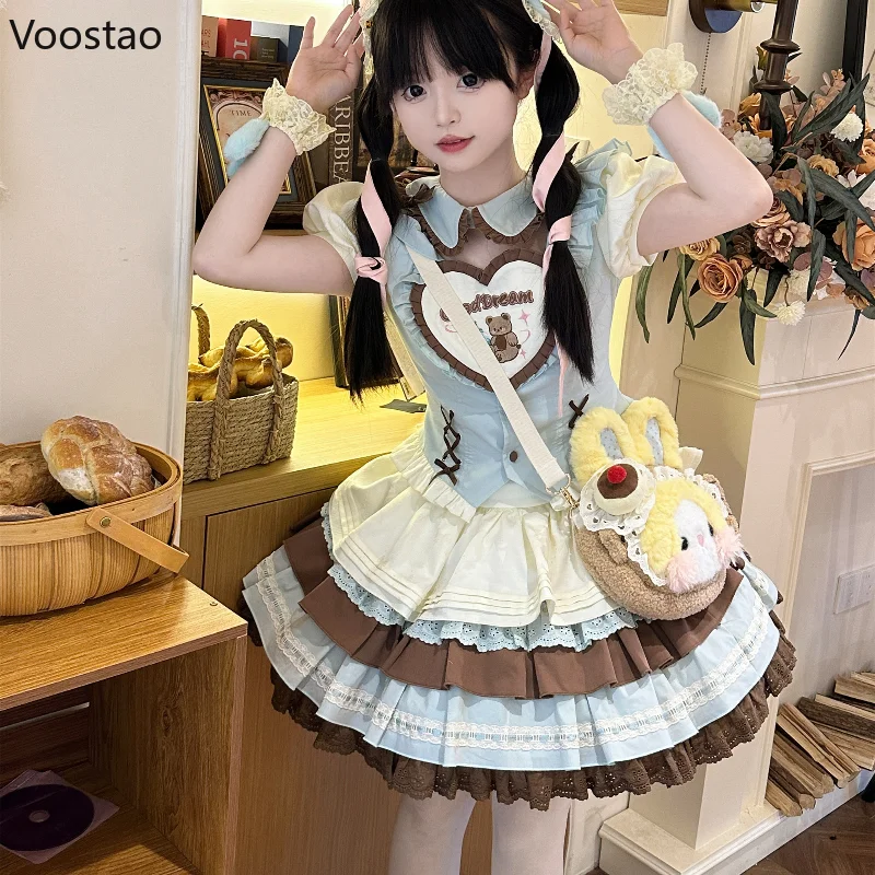 Japanese Sweet Lolita Set Women Kawaii Bow Cartoon Bear Shirt Top Cute Y2k Cake Mini Skirt Girls Harajuku Princess Dress Outfits