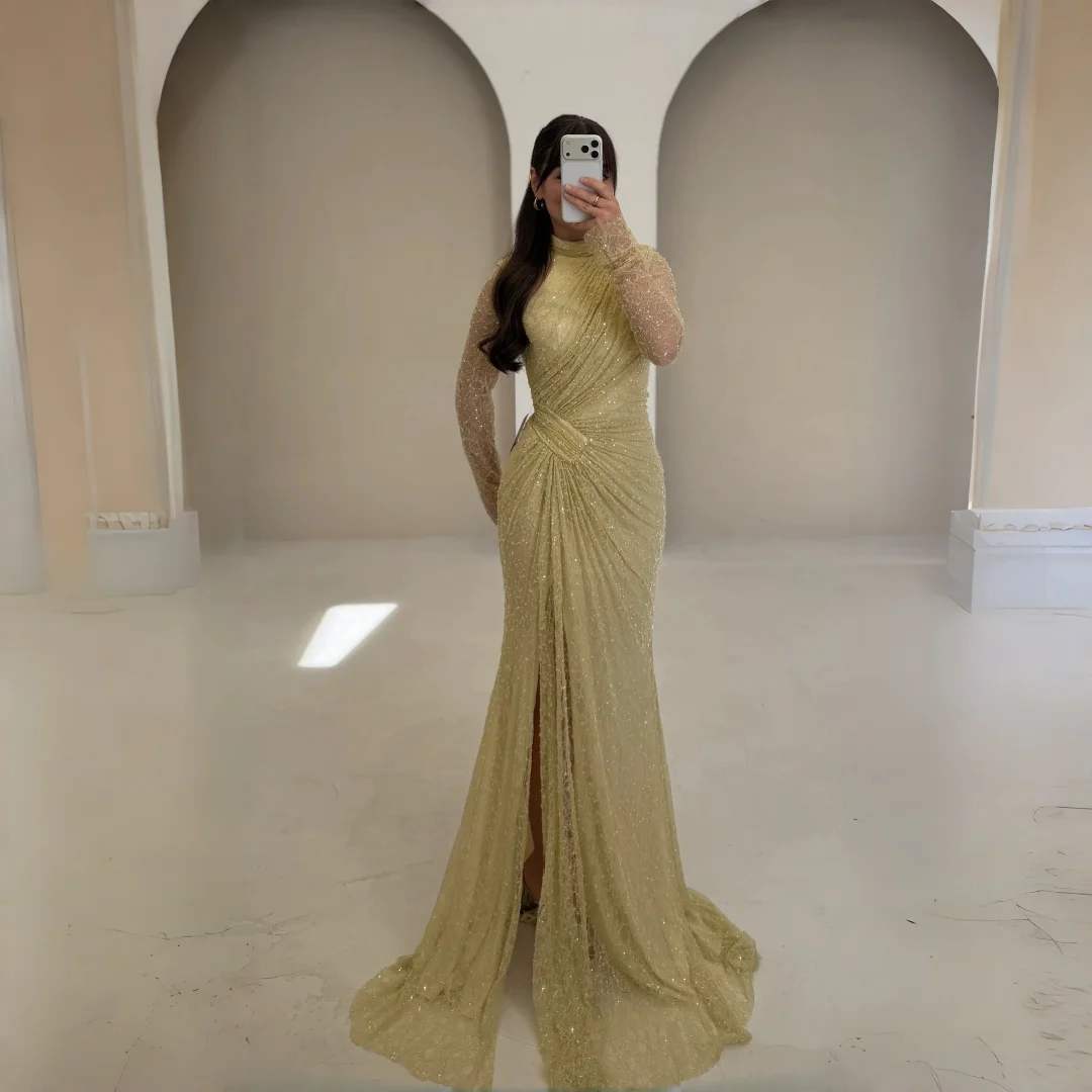 BEIYE Customized Mermaid Sparkle Glam Champagne Sequin Evening Dress High Neck Long Sleeve Sweep Train Keyhole Back Formal Gowns