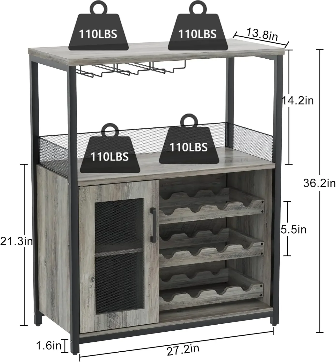 3-Tier Wine Bar Cabinet with Detachable Wine Rack and Storage Space, Buffet Cabinet with Glass Holder and Mesh Door