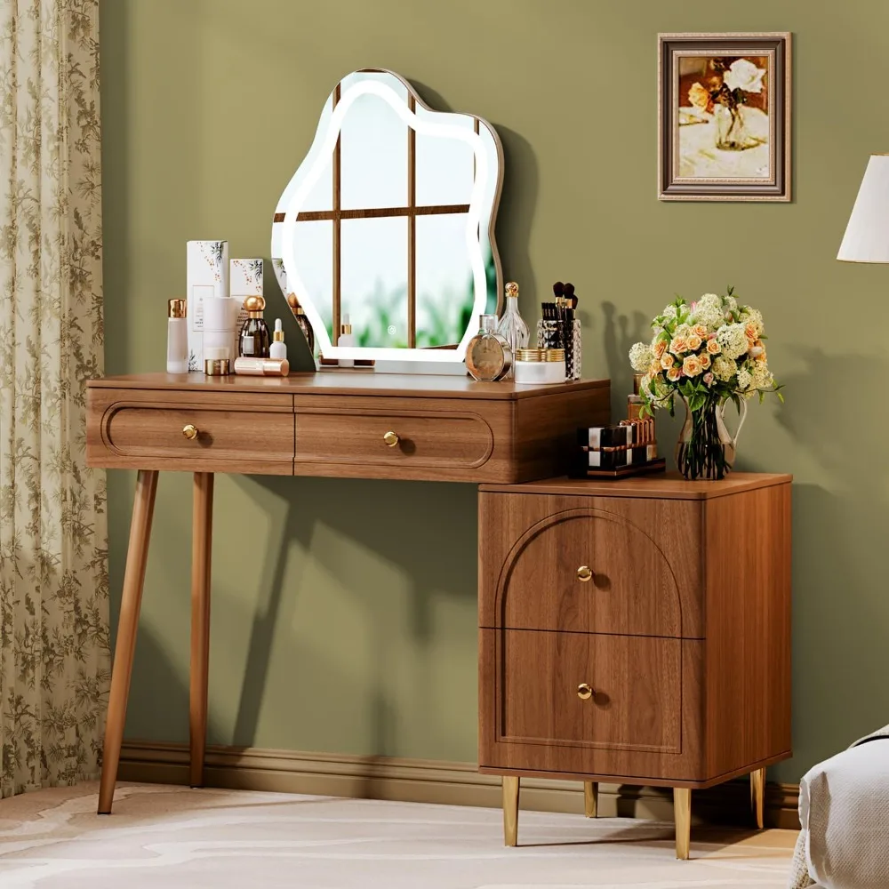 Brown Stylish Corner Makeup Vanity Table, with Lighted Mirror and 4 Spacious Drawers, Bedroom Essential Dressing Tables