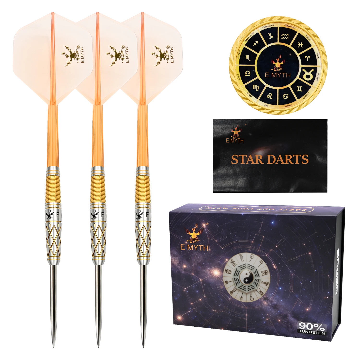 E MYTH 2026 Pan · Taurus Juego de Dardos con Punta de Tungsteno 90% Suave/Acero, Diseño Zodiacal Taurus, Barril con Agarre Mejorado