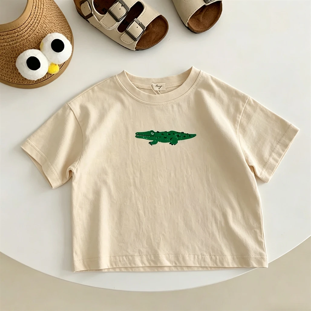 Boys And Girls Cute TShirt Short-sleeved Tops Baby Clothing Thin Crewneck Pullovers Cotton Wear For Children Green Black Red T