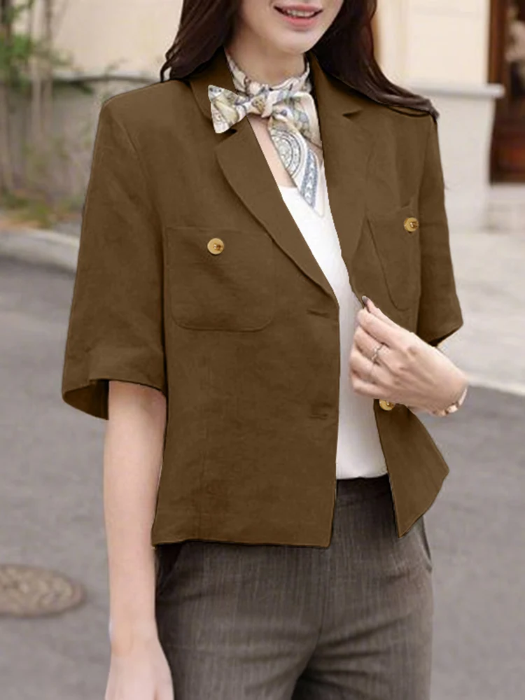 

2025 ZANZEA Elegant Women Office Lady Blazer Fashion Half Sleeve Suits Autumn 100% Cotton Casual Loose Blusas Solid Outercoats