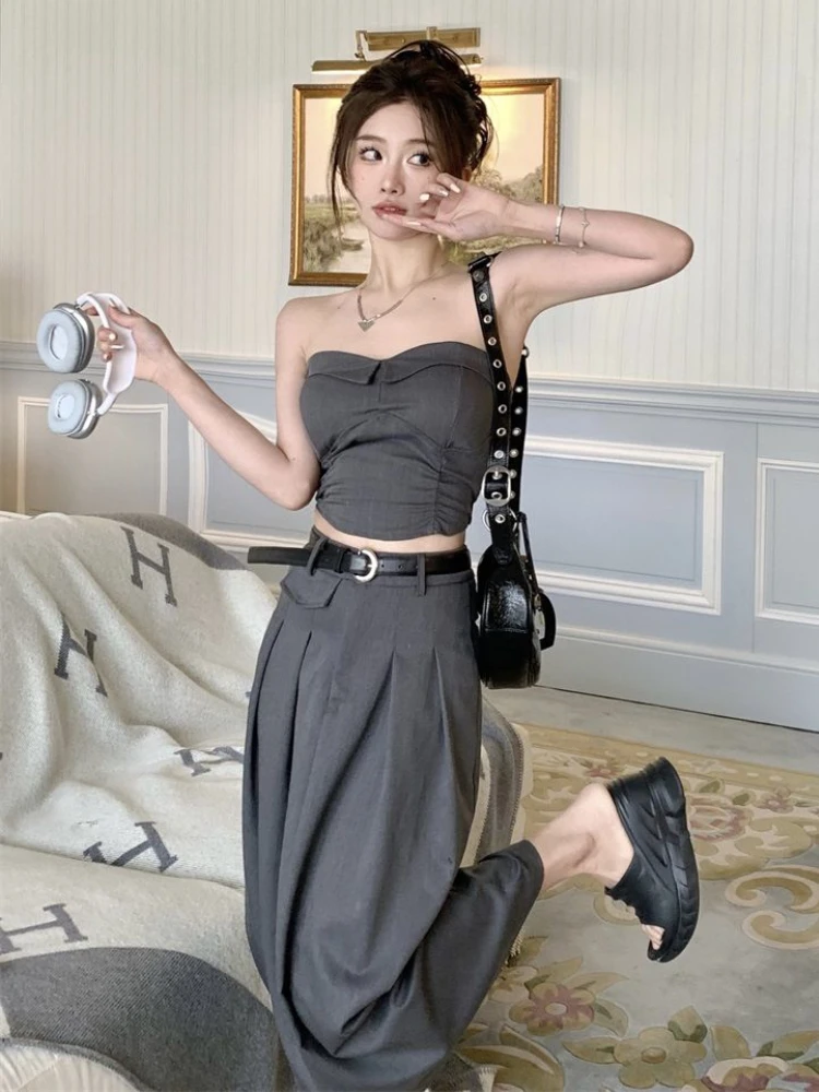 Sets Women Vintage Sexy Strapless Tops Elegant Chic Simple Folds Design Korean Style Midi Skirts Temperament Two Pieces Summer