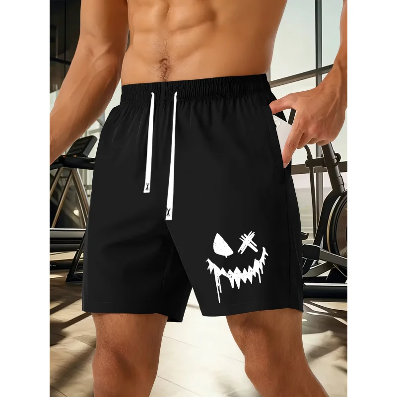 Men's Summer Fashion Shorts，Pumpkin ghost face pattern，Drawstring casual fitness wear for home use，Summer shorts beach pants