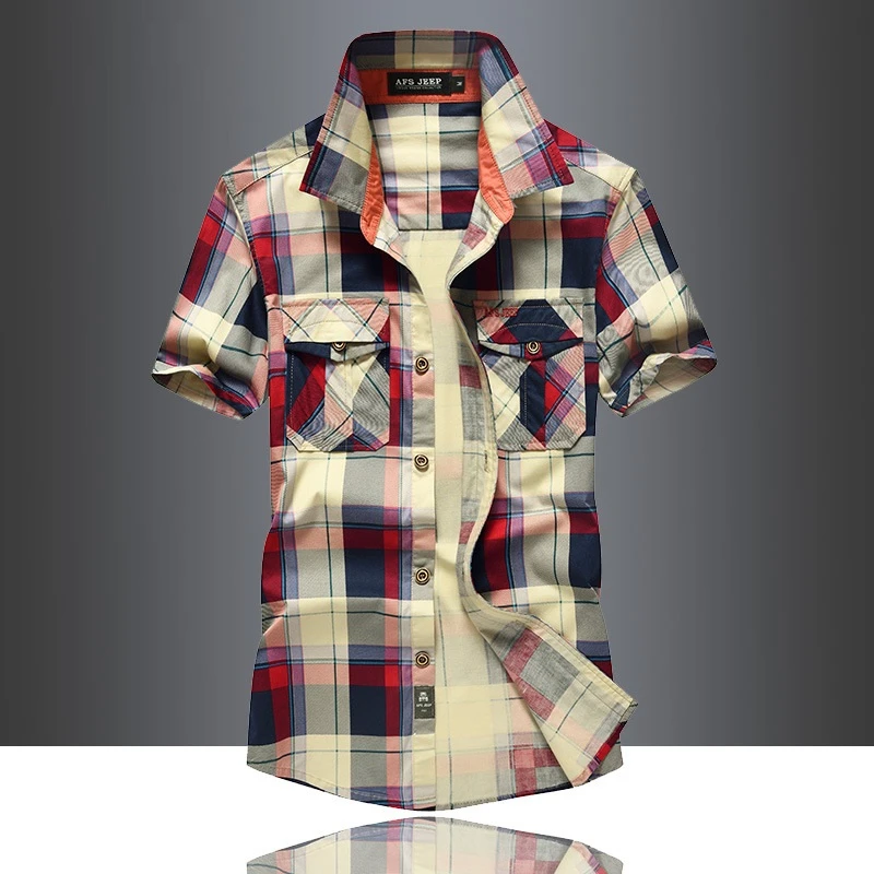 Mens Clothing 2024 Summer Casual Men\'s Shirts Short Sleeve Mens Designer Dress Red Plaid Shirt Top Male High Quality 100% Cotton