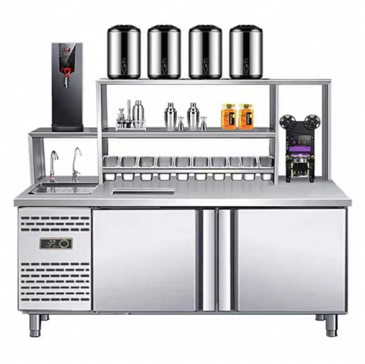 Customized Bubble Tea Workbench With Refrigerator Milk Tea Equipment Boba Tea Counter