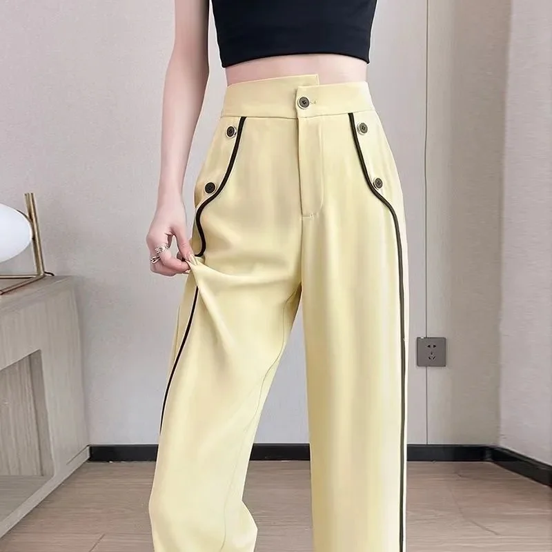 

Lce Silk Narrow Wide-Leg Pants Women 2024 New Summer Thin Black Suit Trousers Ladies High Waist And Straight Casual Pants Female