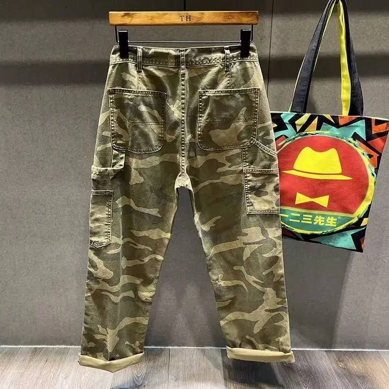 Pocket High Street Camouflage Men's Trendy Brand Wide-legged Ruffian Handsome Tooling Jeans Straight Loose Casual Camo Trousers