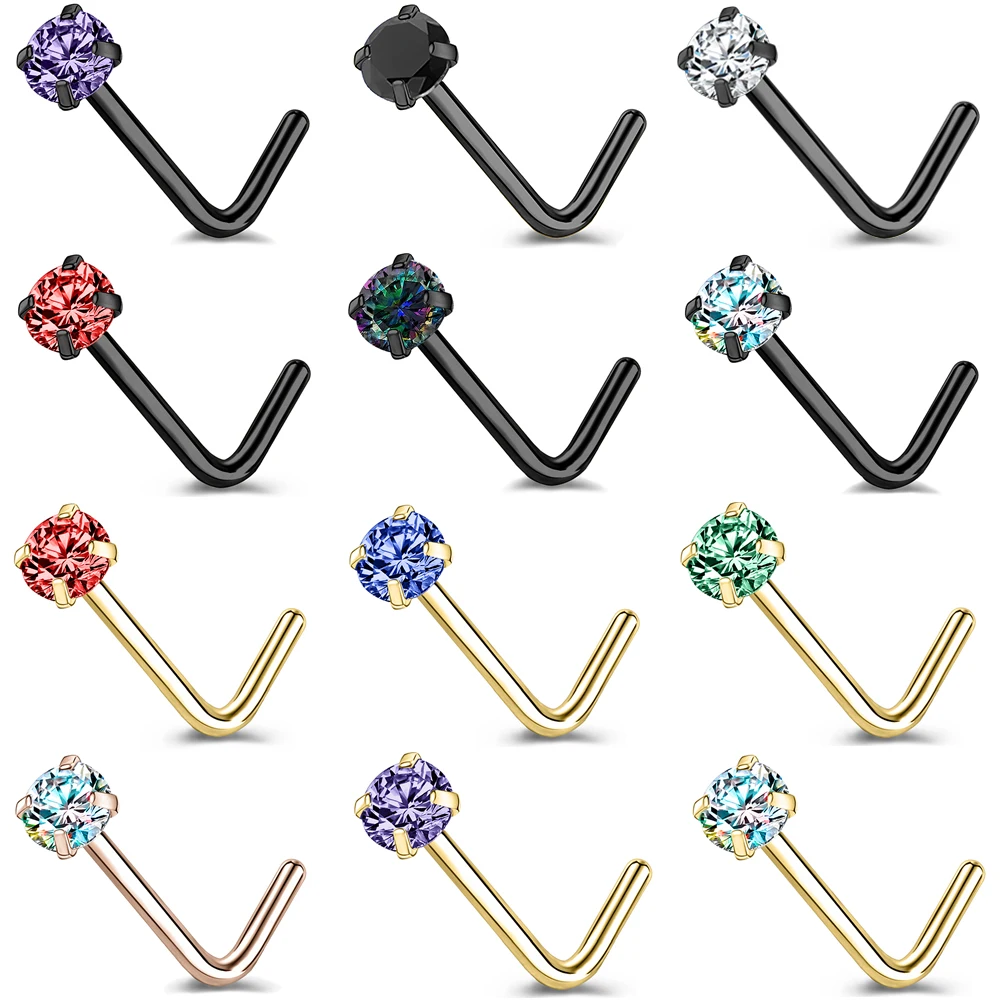 ZS 20G 1PC Gold Plated Nose Piercing Studs Stainless Steel Nostril Jewelry Colorful Zircon Nose Stud Ring Women Body Piercings