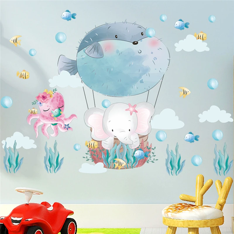 Cartoon Elephant Fish Balloon Bubble Wall Sticker For Kids Room Bathroom Decoration Animal Mural Art Diy Home Decals Pvc Poster