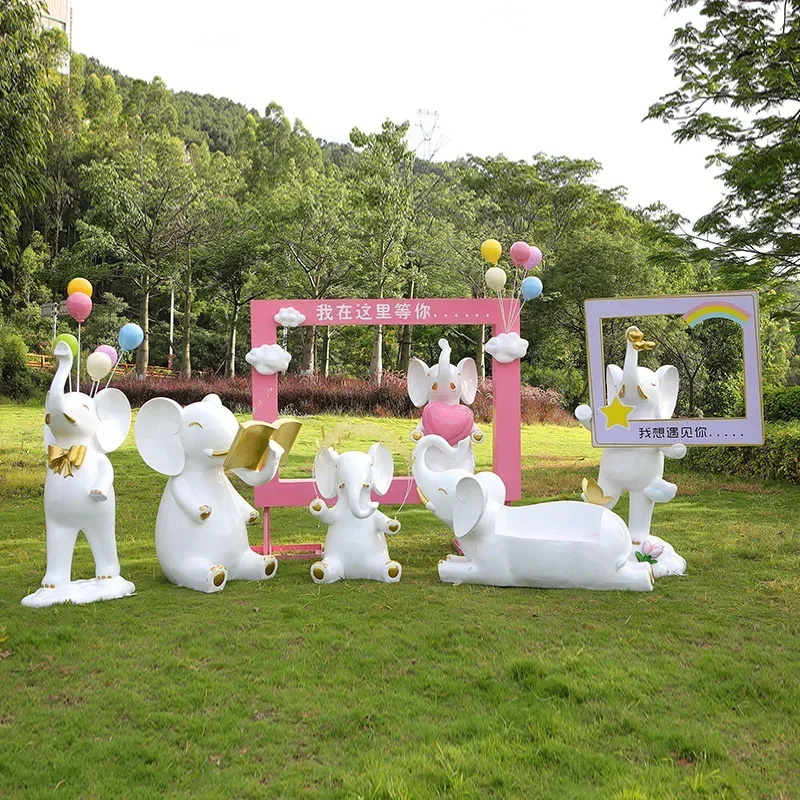 Fiberglass cartoon abstract elephant sculpture outdoor garden landscape square park scenic clock in