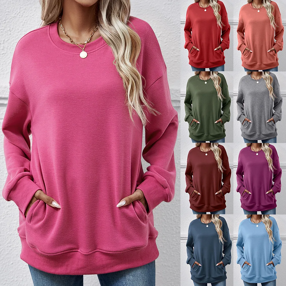 

Y2K solid color women's casual and comfortable new loose fashion sweater autumn and winter crew neck pocket jumper top