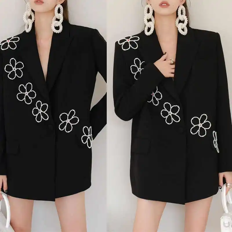 Glamorous Flowers Women Suits Long Sleeve 2 Pieces Set Applique Notched Lapel Jacket Wide Legs Pants Custom Made Formal Dresses