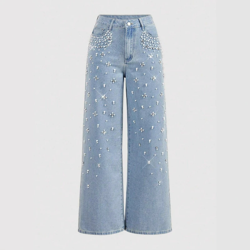 Jeans Women Pearls Spliced Denim Pants Solid Casual Streetwear Pockets Button Trousers Elegant Skinny Straight Basis Autumn