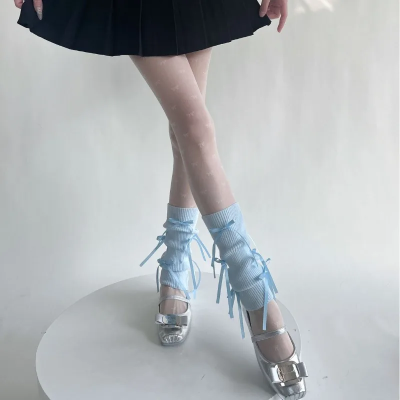 Spring Fall Candy Color Leg Warmers Korean Ballet Sweet Bowknot Ruffle Boot Cuffs Pastel Pink Blue Footless Tights for Girls