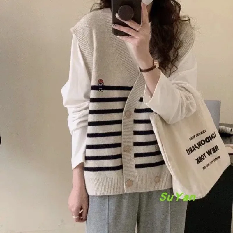 V-neck double breasted heavy work embroidery sweater vest spring and autumn stacked color matching striped vest cardigan female