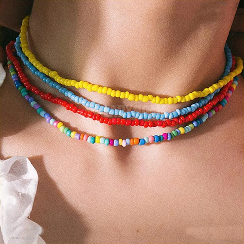 Candy Color Bead Necklace Bohemian Handmade Rainbow Beads Choker NecklaceFor Kids Girls Fashion Women Jewelry Necklaces