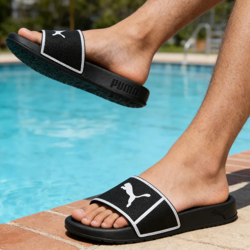 Puma Slide Sandals Color Block Cat Logo Non Slip Casual Slides Black Puma White 384262-01
