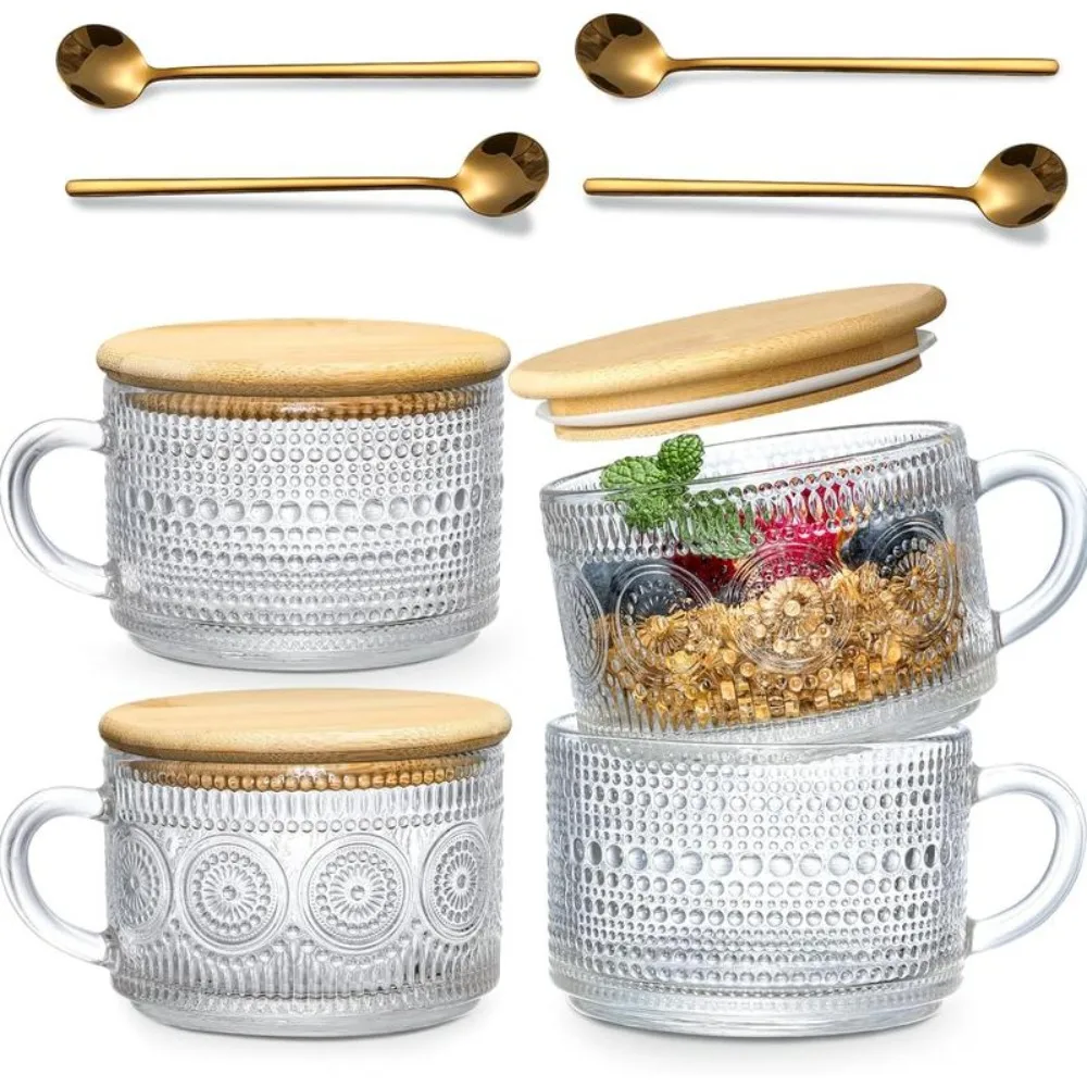 

4pcs Set Vintage Coffee Mugs, Overnight Oats Containers with Bamboo Lids and Spoons - 14oz Clear Embossed Glass Cups