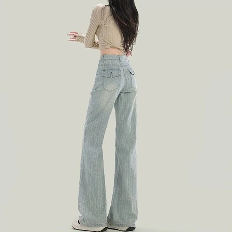 جينز أزرق فاتح مرقع للنساء ربيع الخريف فضفاض مستقيم الساق بنطلون أمريكي ريترو عالي الخصر واسع الساق الدينيم السراويل #2