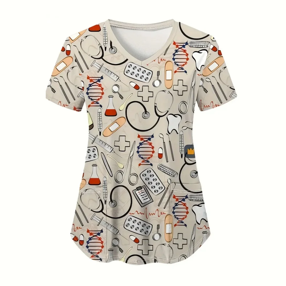 Clinical Uniform Woman Designer Cartoon Printing V-Neck Dental Scrubs Woman Summer Short Sleeves with Pockets Surgical Uniforms