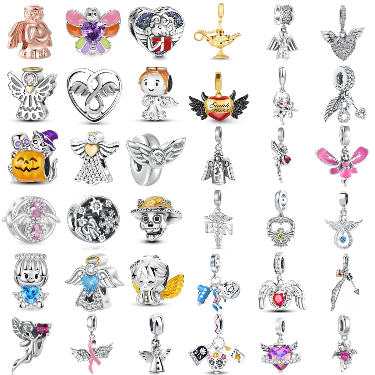 Angel Wings Magic Genie Lamp Charms Beads, 925 Silver Fairy Heart Skull Pendants Fit Original DIY Jewelry Making